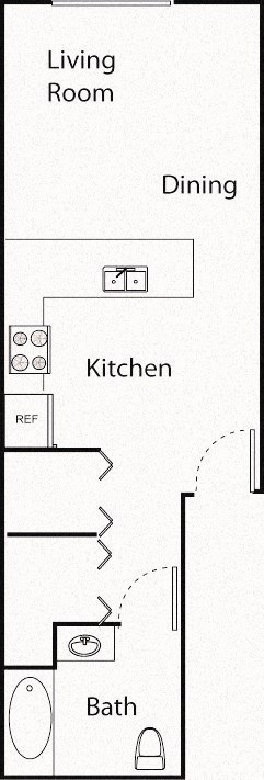 A floor plan of a living room, kitchen, and bath.